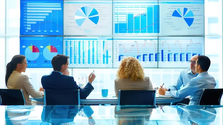 Meeting around a glass table facing a wall of charts and dashboards