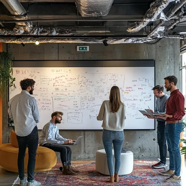 Group standing before a large whiteboard covered in notes in a loft-style office