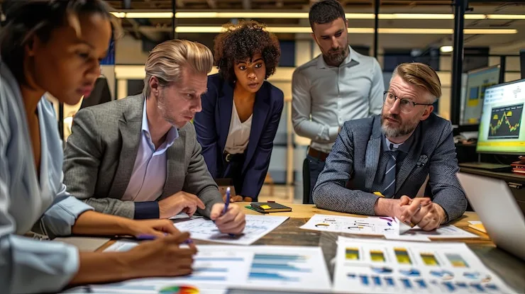 Colleagues gathered around a table reviewing printed charts and documents